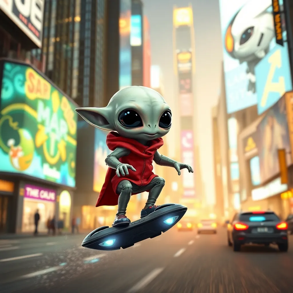 A small alien creature wearing a red jacket and riding a hoverboard flies through a busy city street.