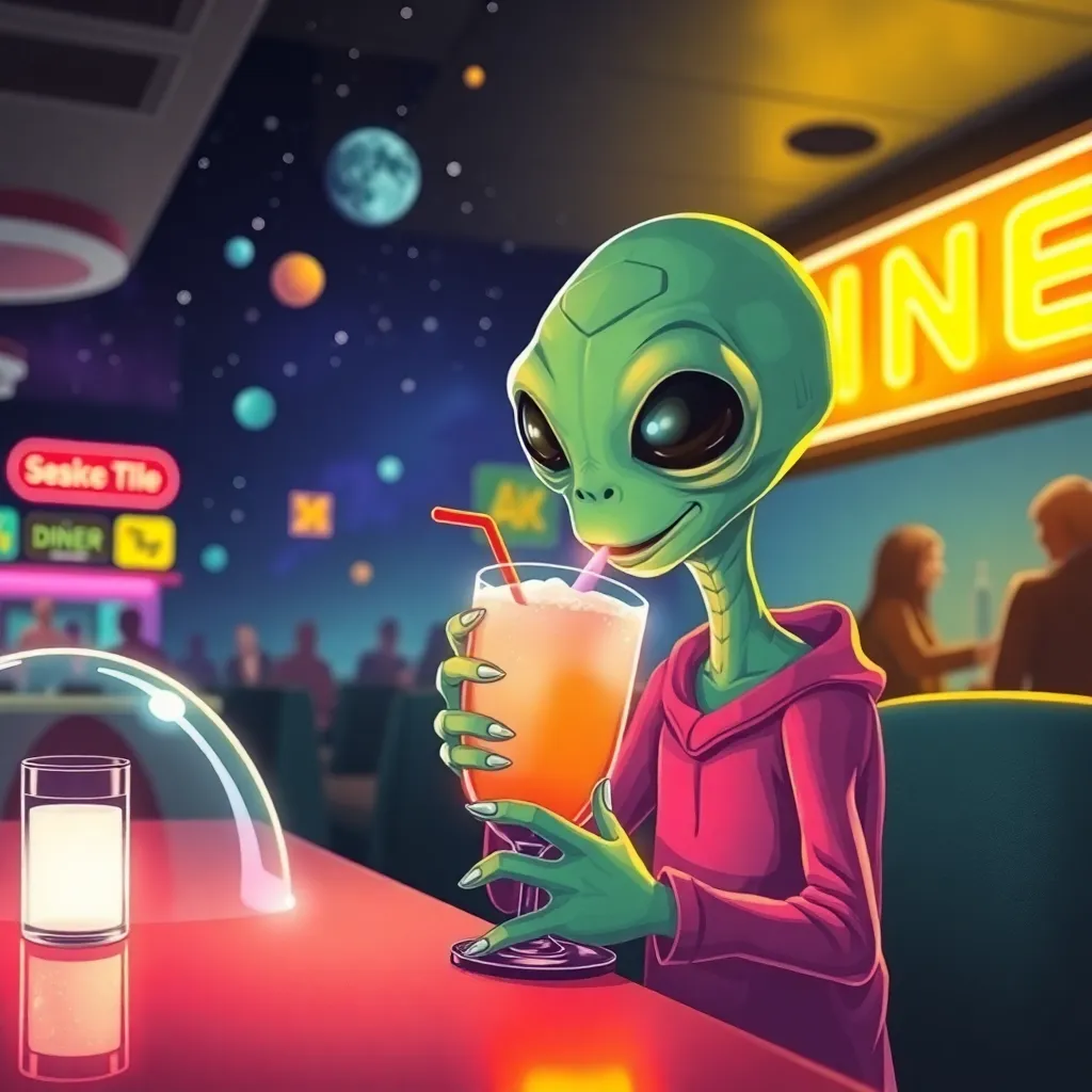 A green alien wearing a pink shirt and holding a glass stands at a bar counter with a neon sign in the background, looking at a phone.