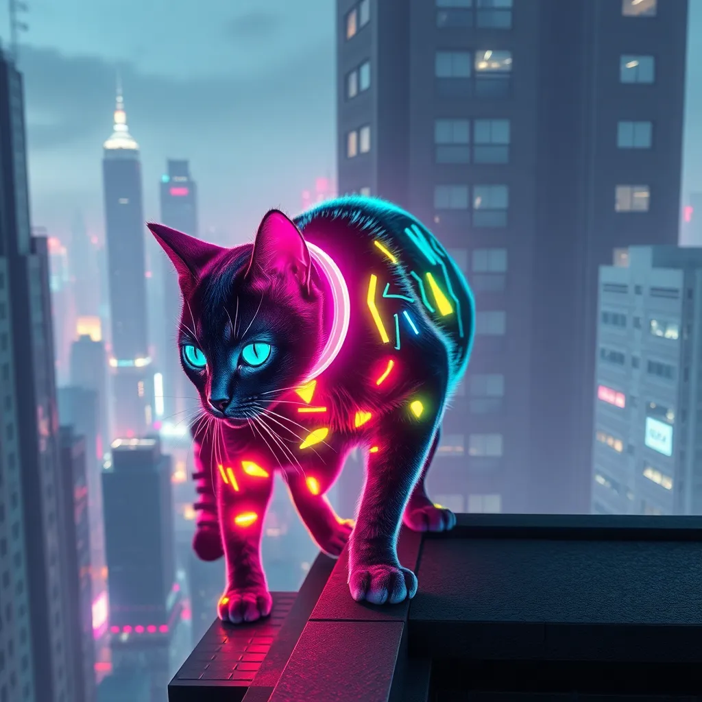 A cat with brightly colored, glowing fur standing on a rooftop overlooking a futuristic cityscape with tall buildings and neon lights.