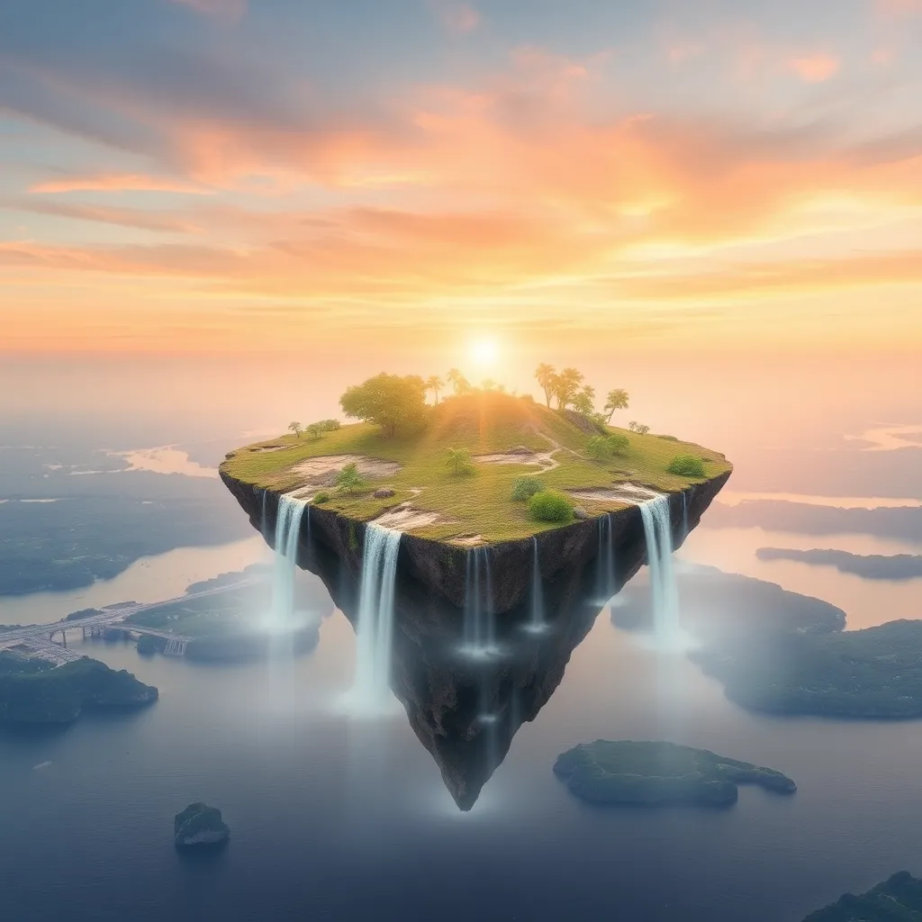 A floating island with lush greenery and a small structure on top, hovering above a calm body of water with a bright sunset in the background.