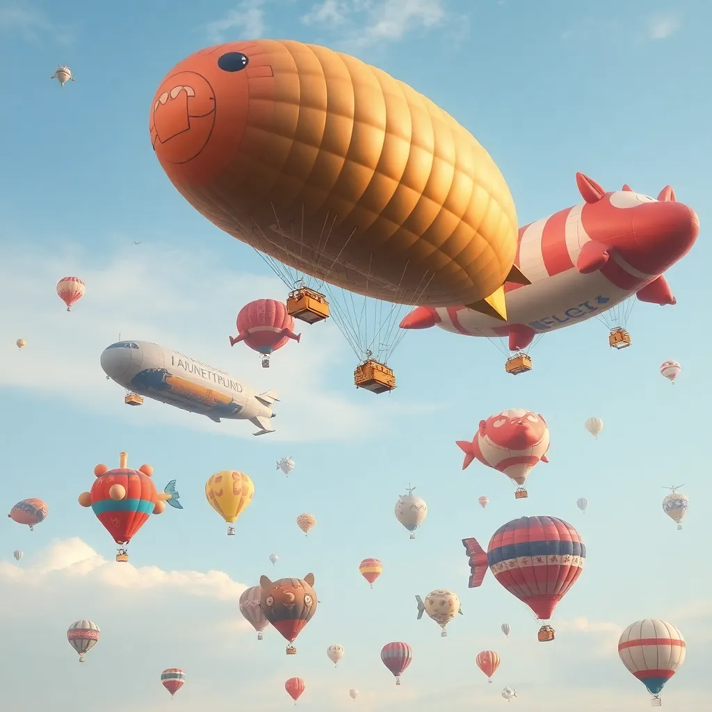 A large, orange hot air balloon shaped like a zeppelin floats above a collection of smaller, colorful hot air balloons over a blue sky with some clouds.