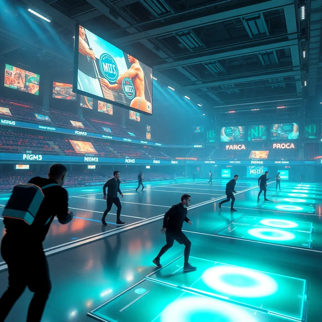 A large, futuristic stadium with a glowing blue floor and various screens displaying sports highlights, with people playing a game in the center.