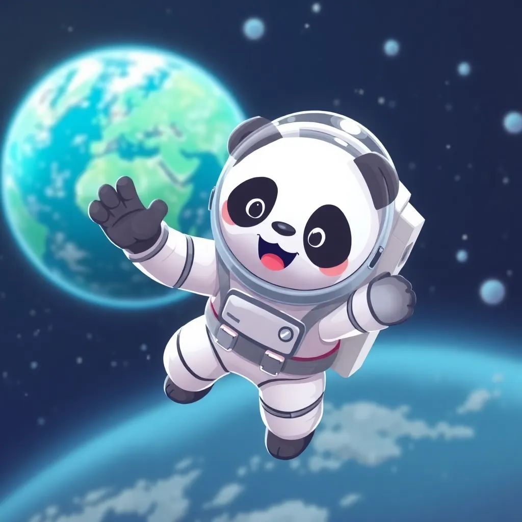 A cute, cartoon-style panda bear wearing a spacesuit floats in space with two planets and stars in the background.