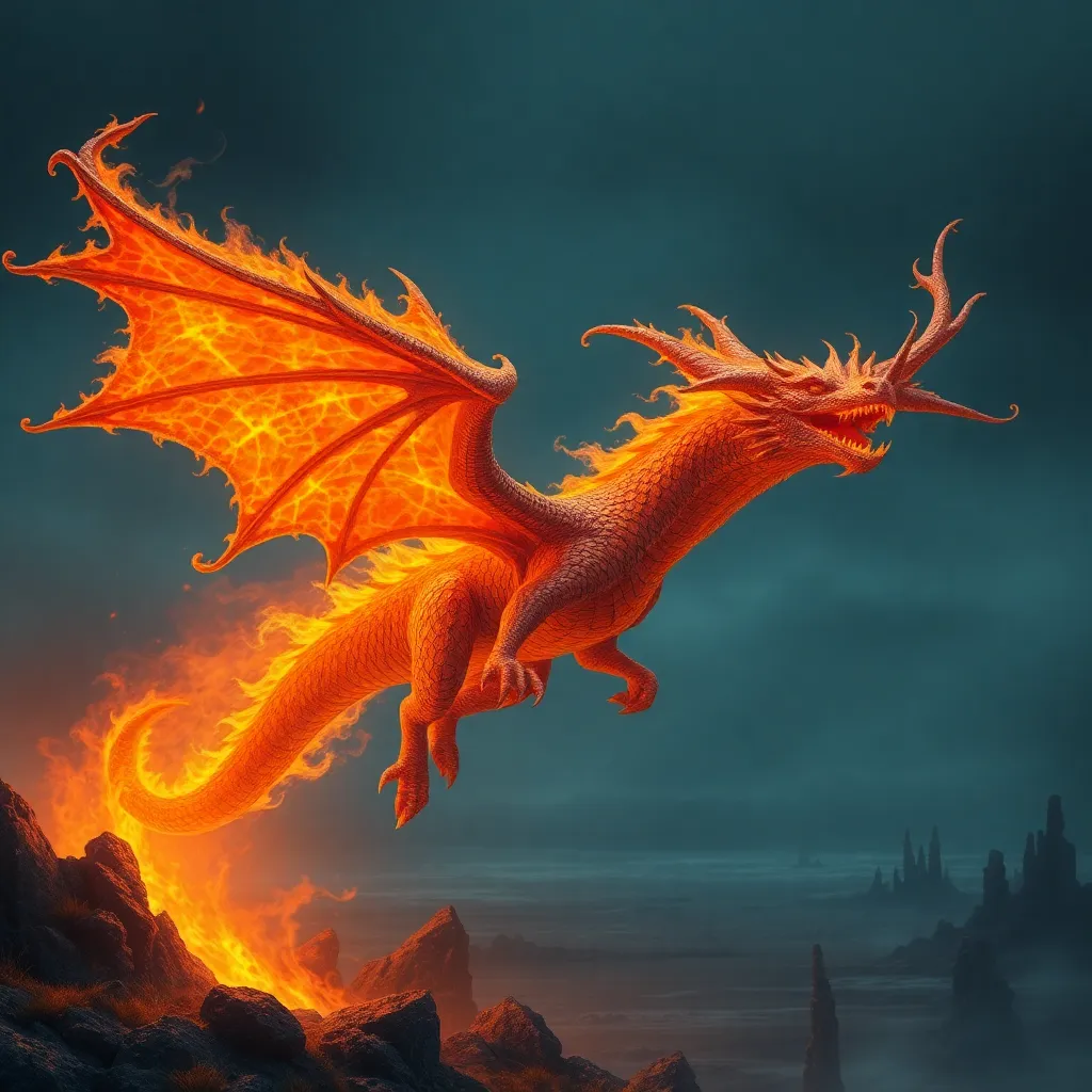 A vibrant orange dragon with fiery wings flies through a dark, smoky sky, with flames emanating from its body.