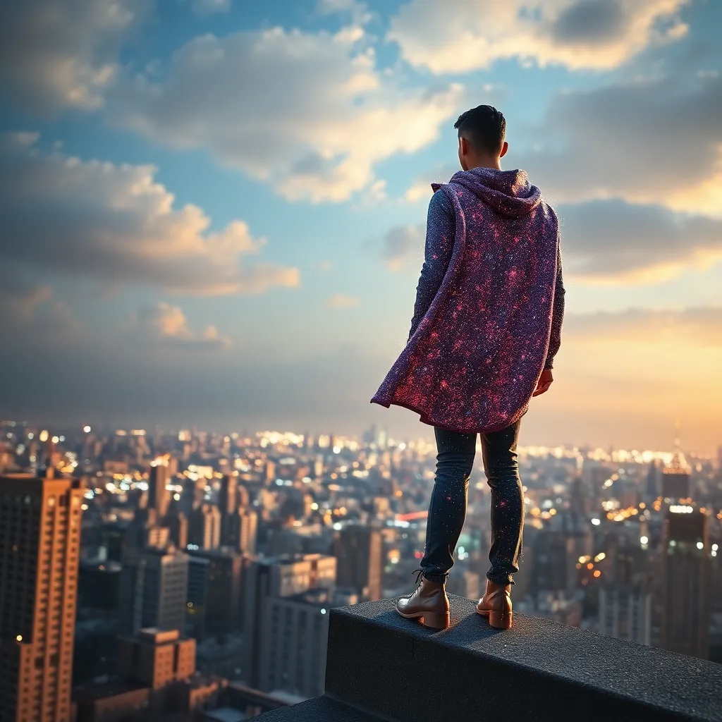 A person wearing a purple hooded cloak stands on the edge of a tall building overlooking a sprawling cityscape at sunset.