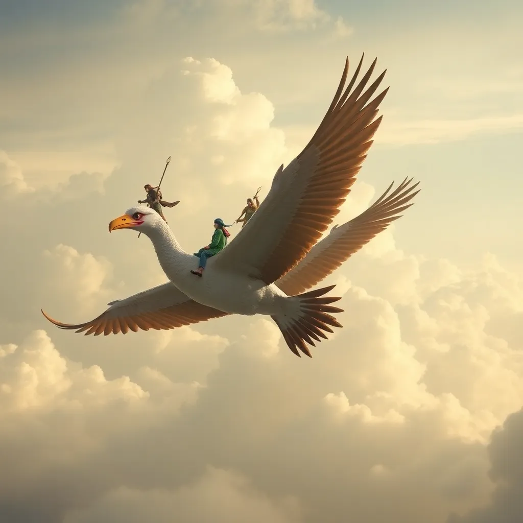 A large bird, possibly a pelican, flying over a cloudy sky, with a small bird perched on its back.