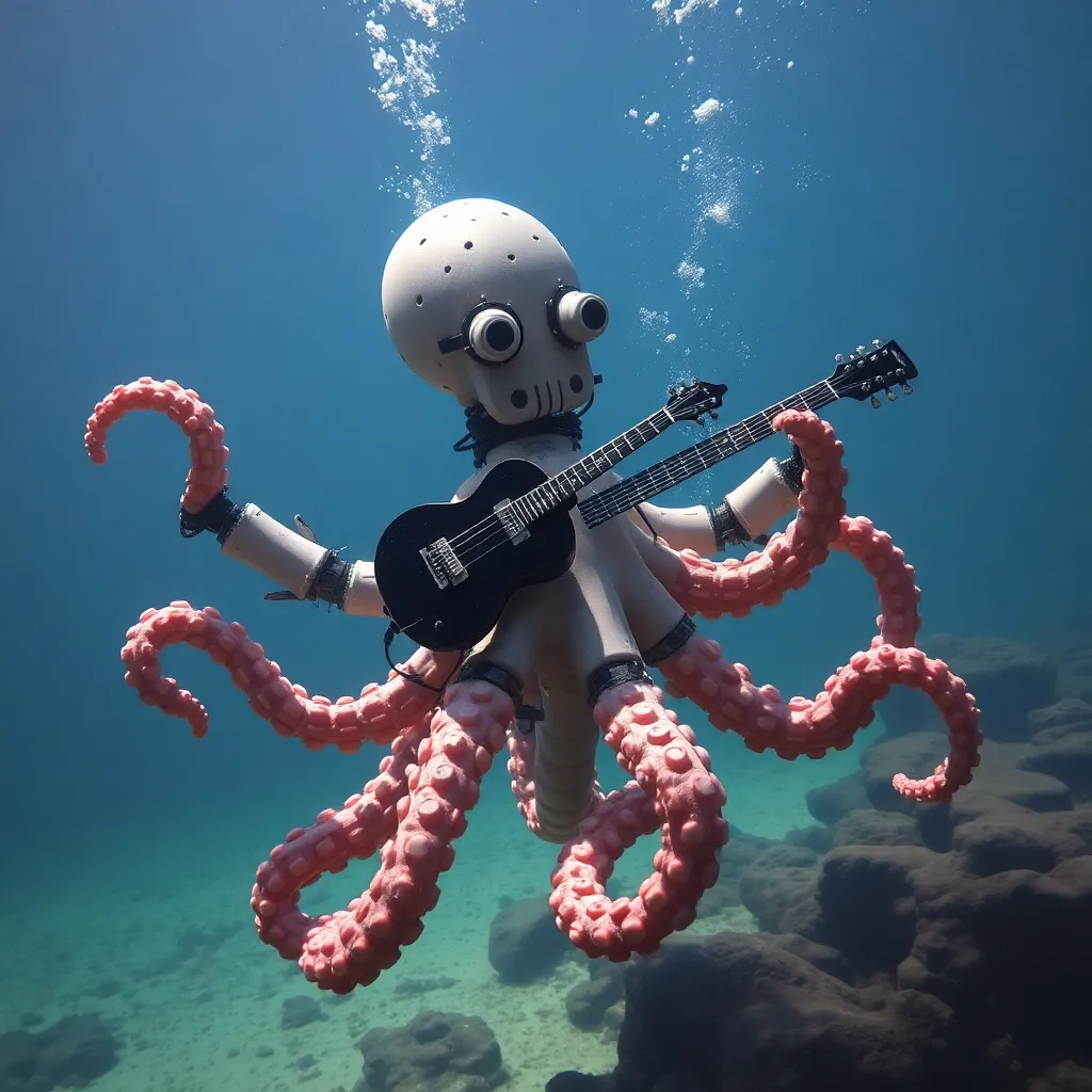 A white octopus wearing a scuba mask and tank plays an electric guitar underwater, with sunlight streaming from above.