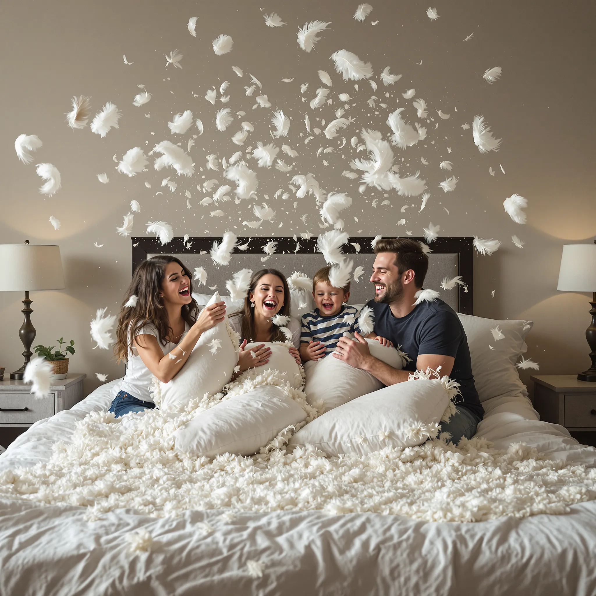 A family of four, including two young children, sits on a bed covered in white confetti or rose petals. They are smiling and appear joyful.