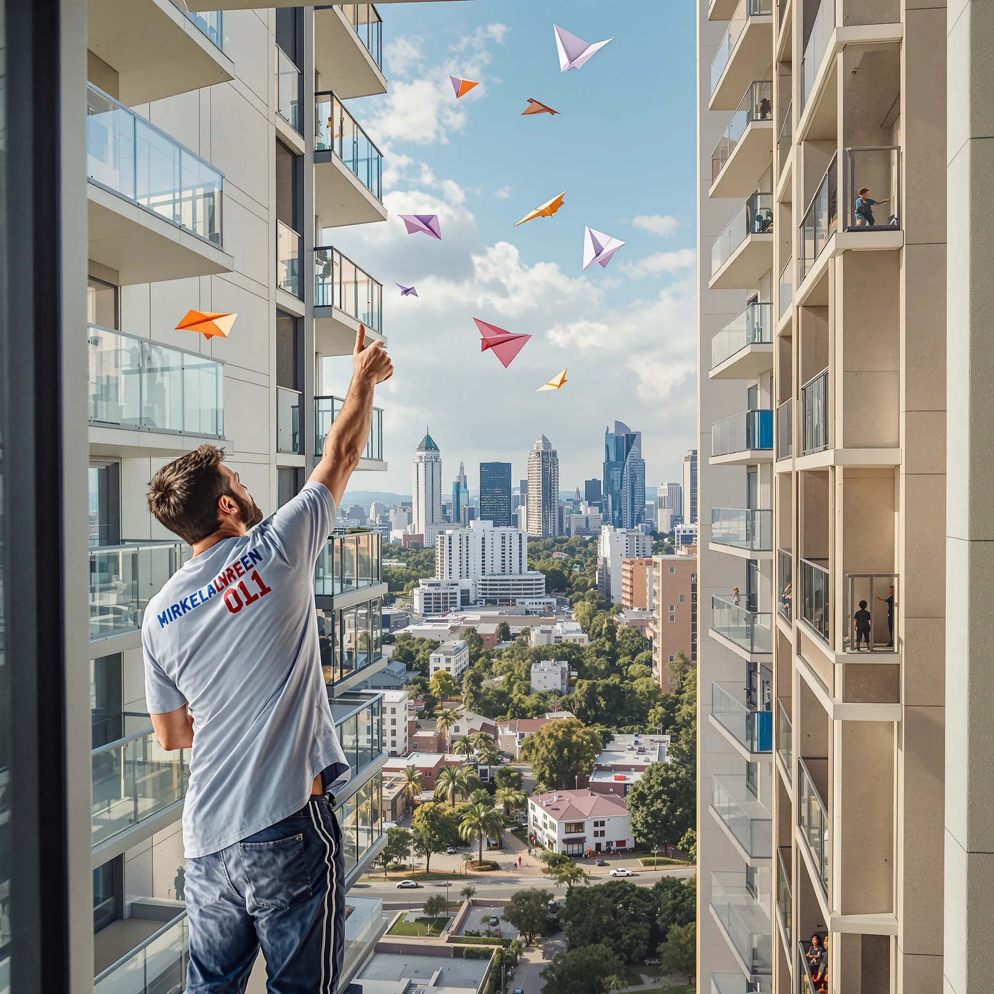 A father stands on a high balcony, reaching up towards colorful kites flying in the city skyline. He is looking up with a smile.