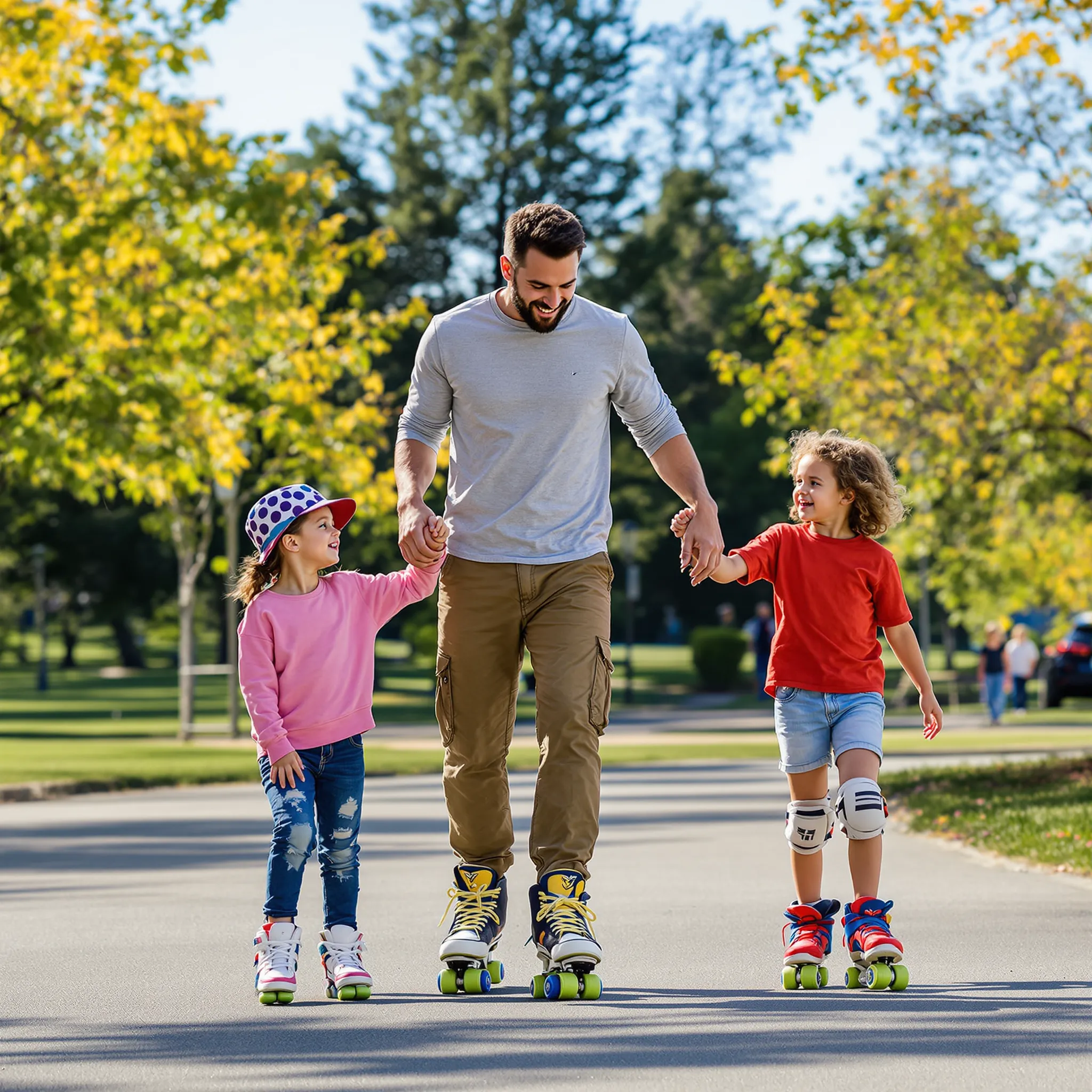 A father holds the hands of his two young daughters as they rollerblade in a park on a sunny day. They are all smiling and appear to be enjoying themselves.