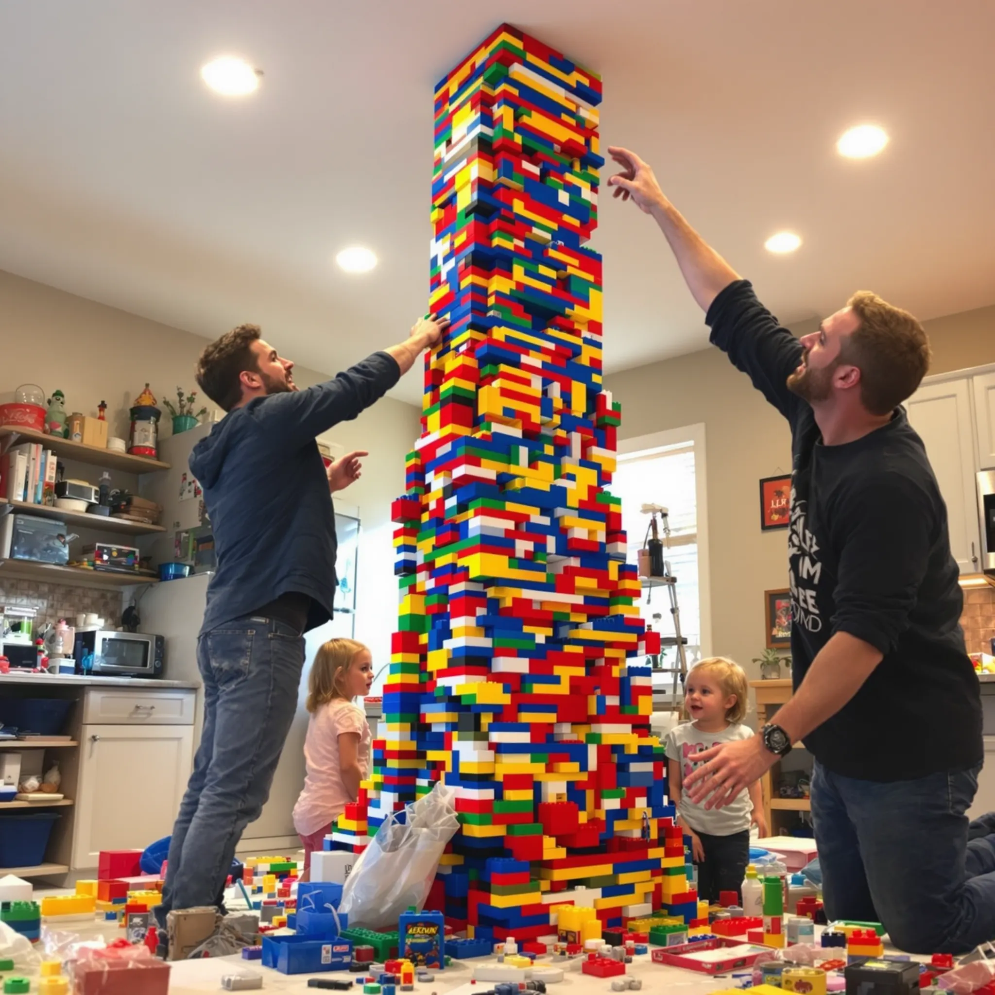 Two adults, who appear to be fathers, and children are building a very tall structure out of colorful building blocks indoors.