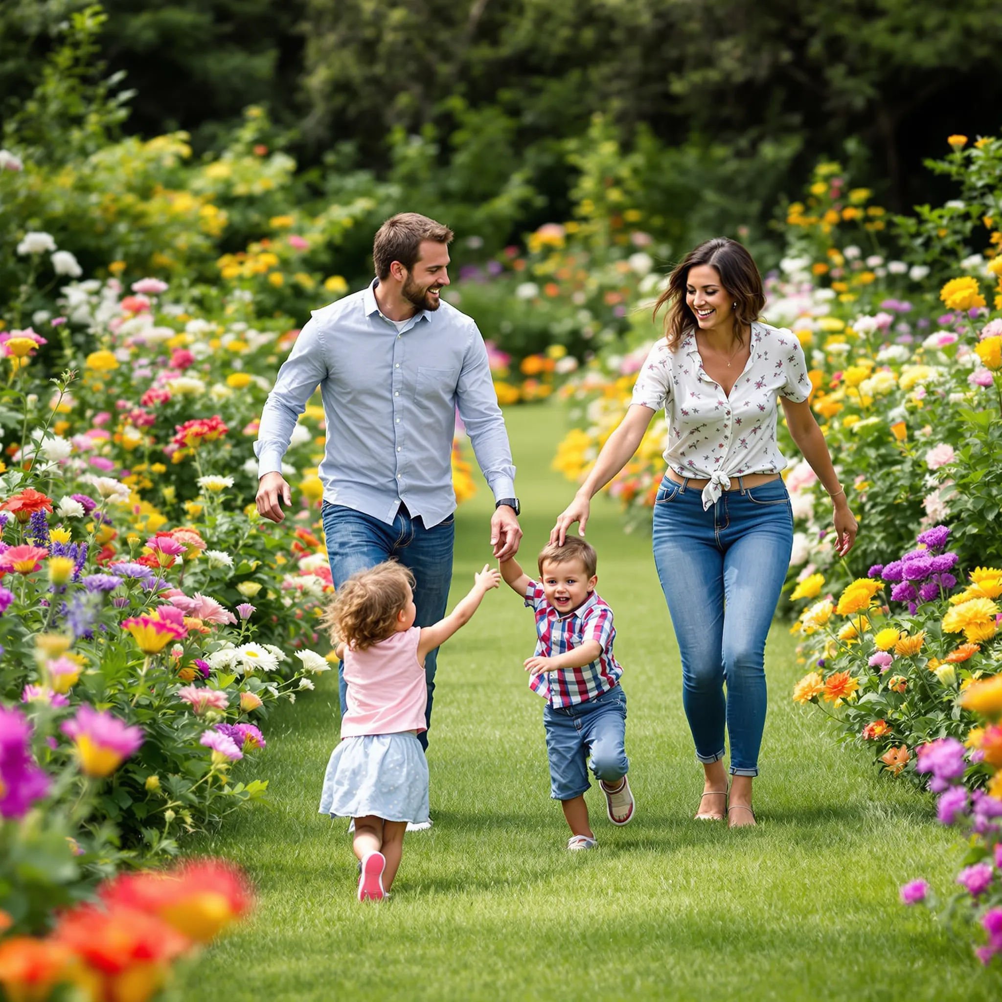 A person who appears to be a father and another adult are walking hand-in-hand with two young children through a lush garden.