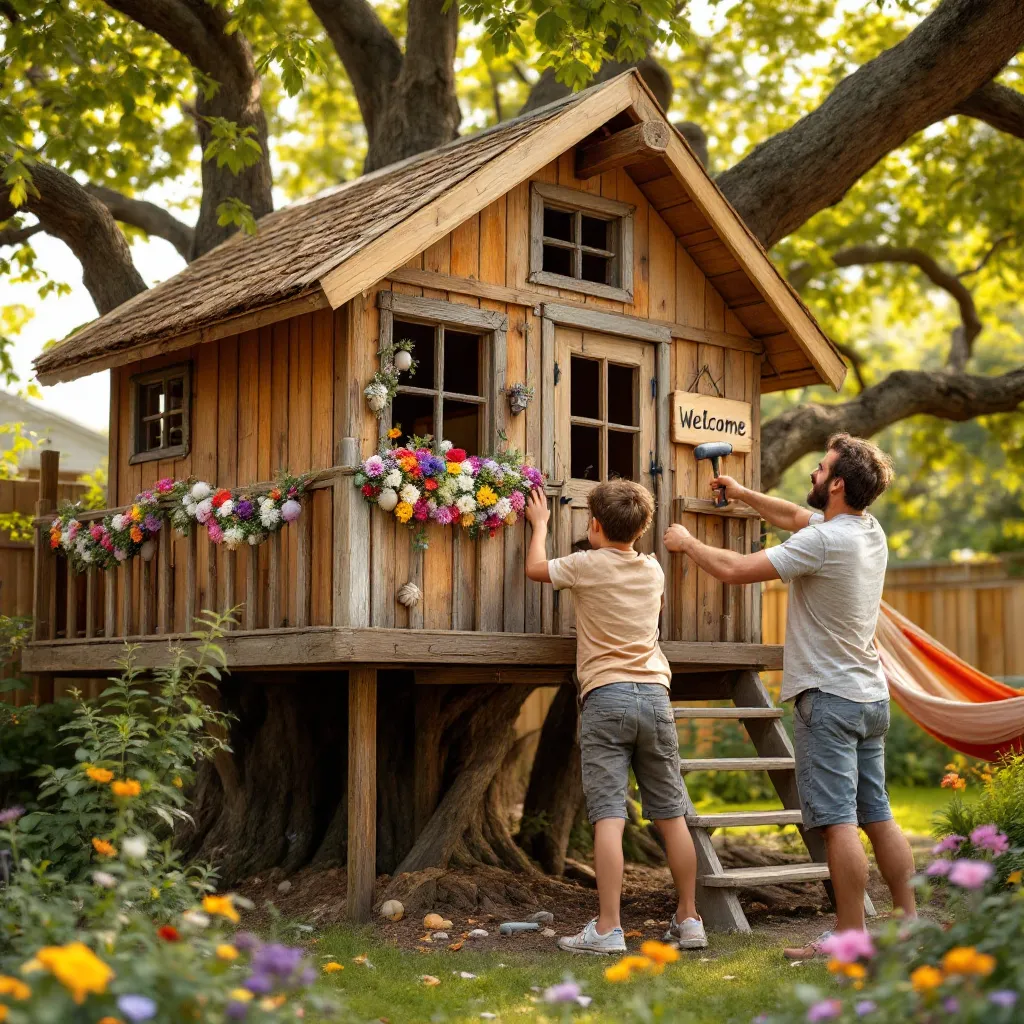 Children playing near a treehouse decorated with flowers.