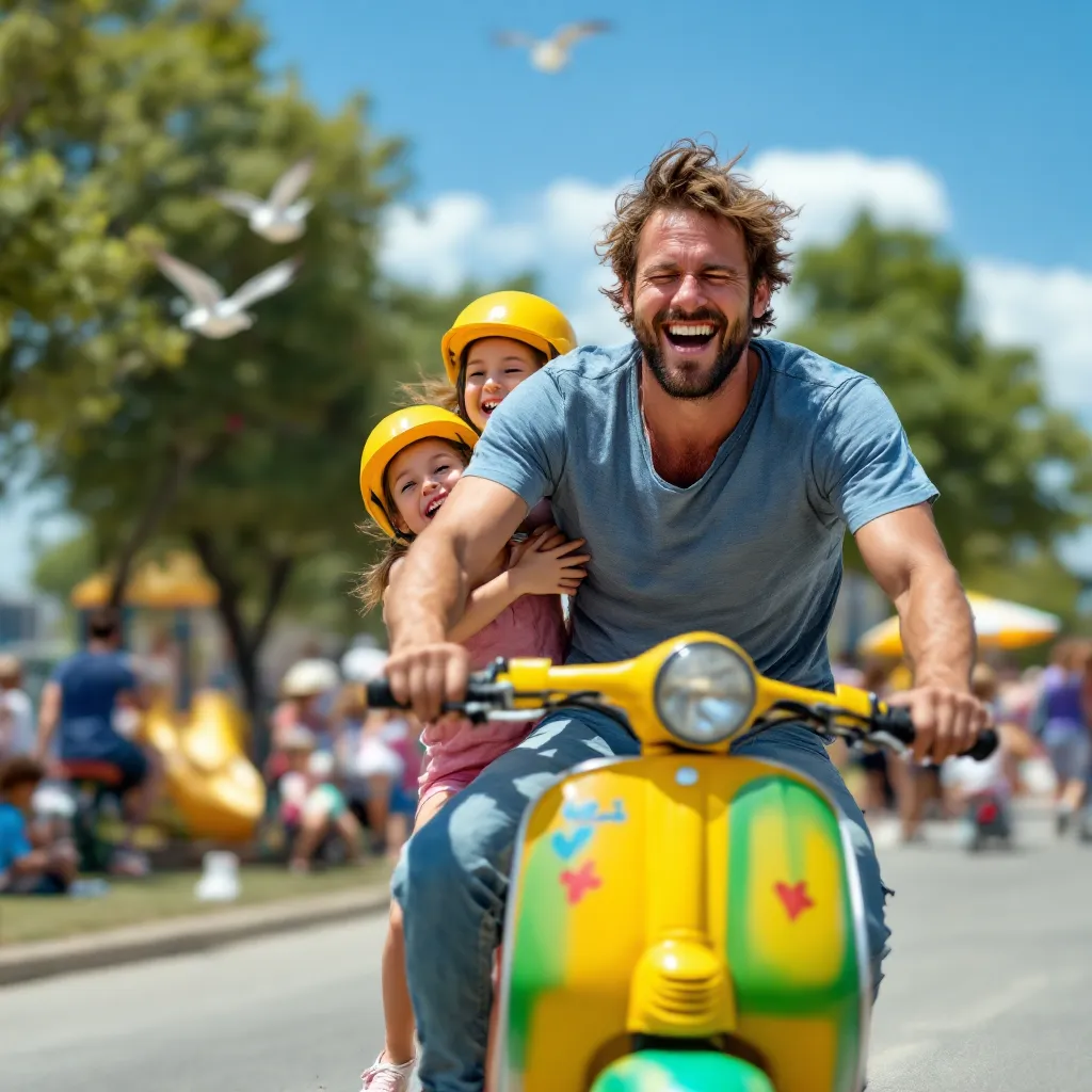 A person who appears to be a father is riding a small yellow scooter with two young children, all smiling and laughing outdoors with blurred scenery in the background.