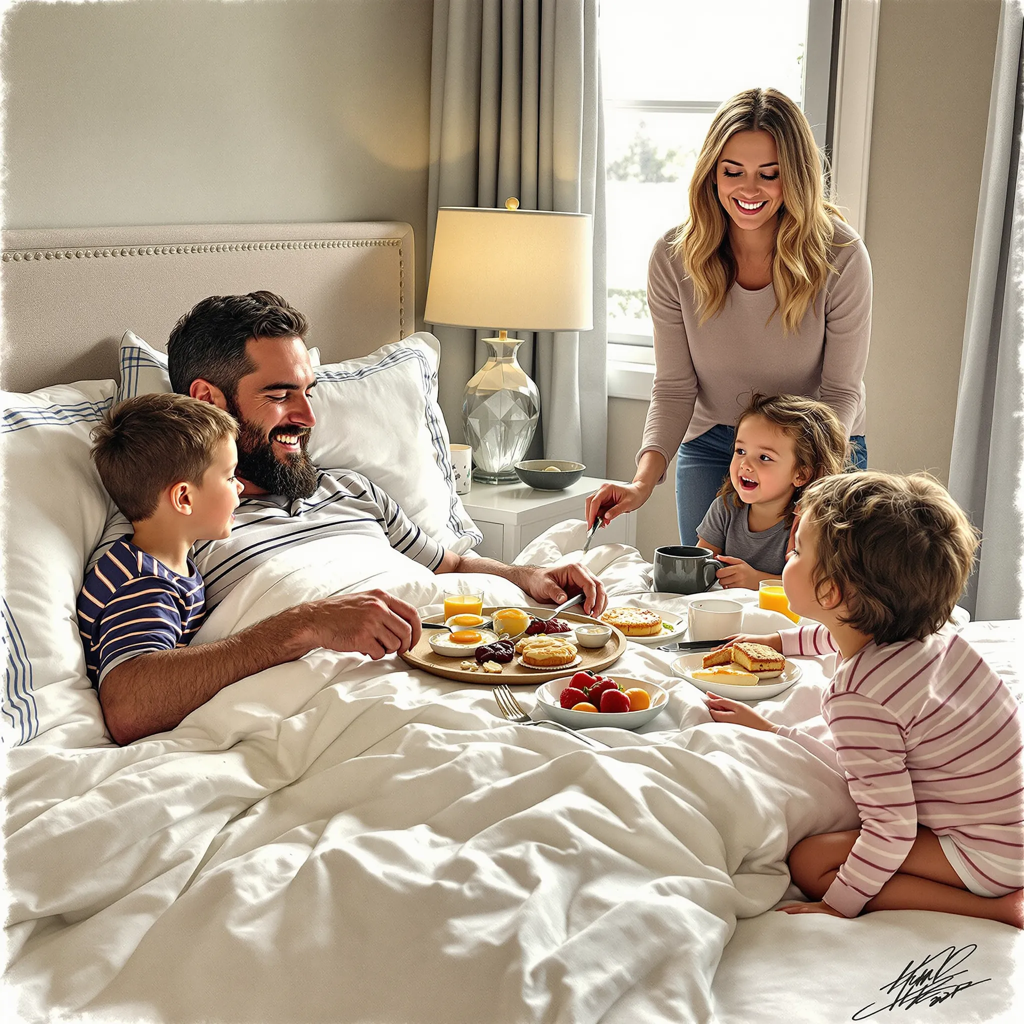 A family is having a meal together in bed.