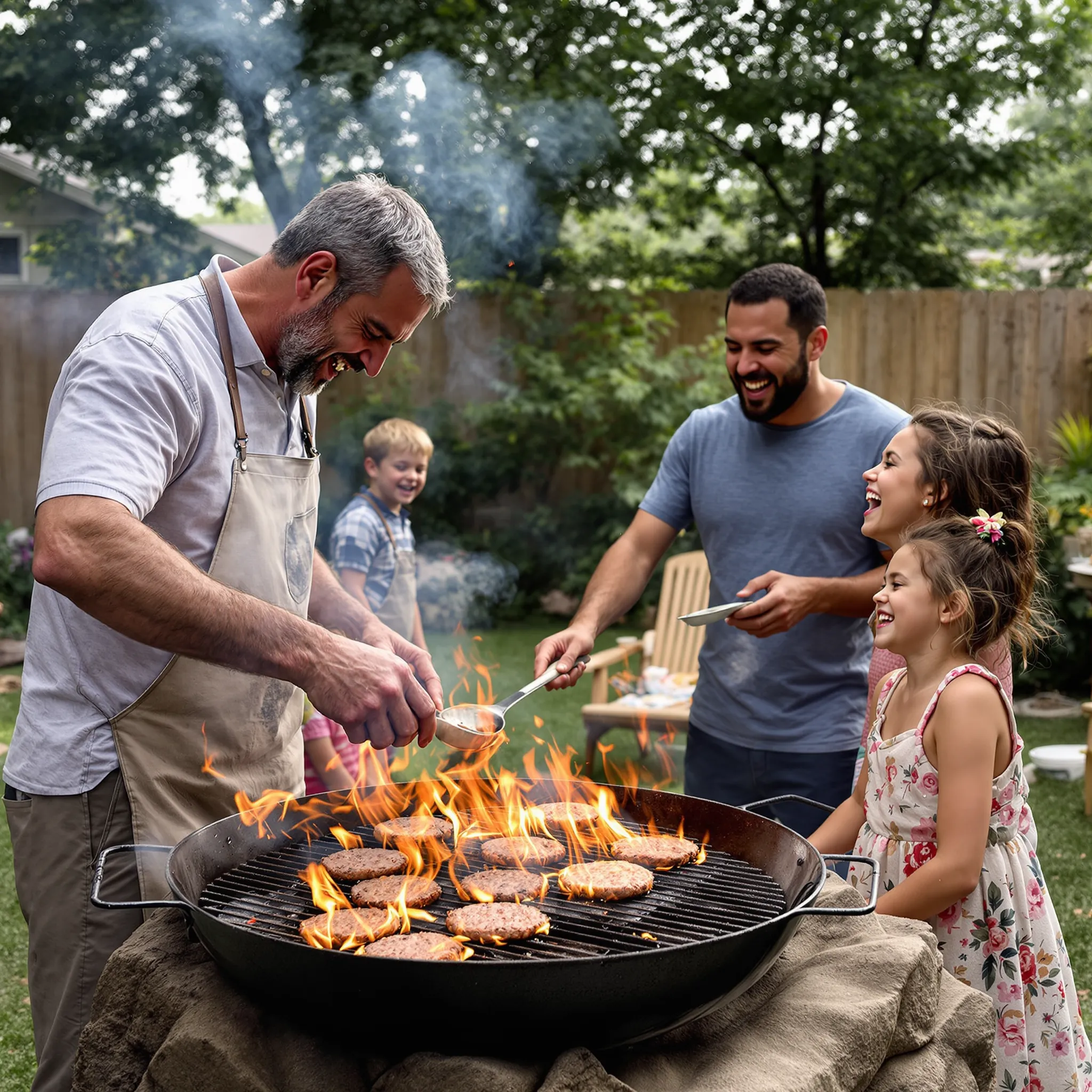 Two people who appear to be fathers are grilling outdoors while children watch.