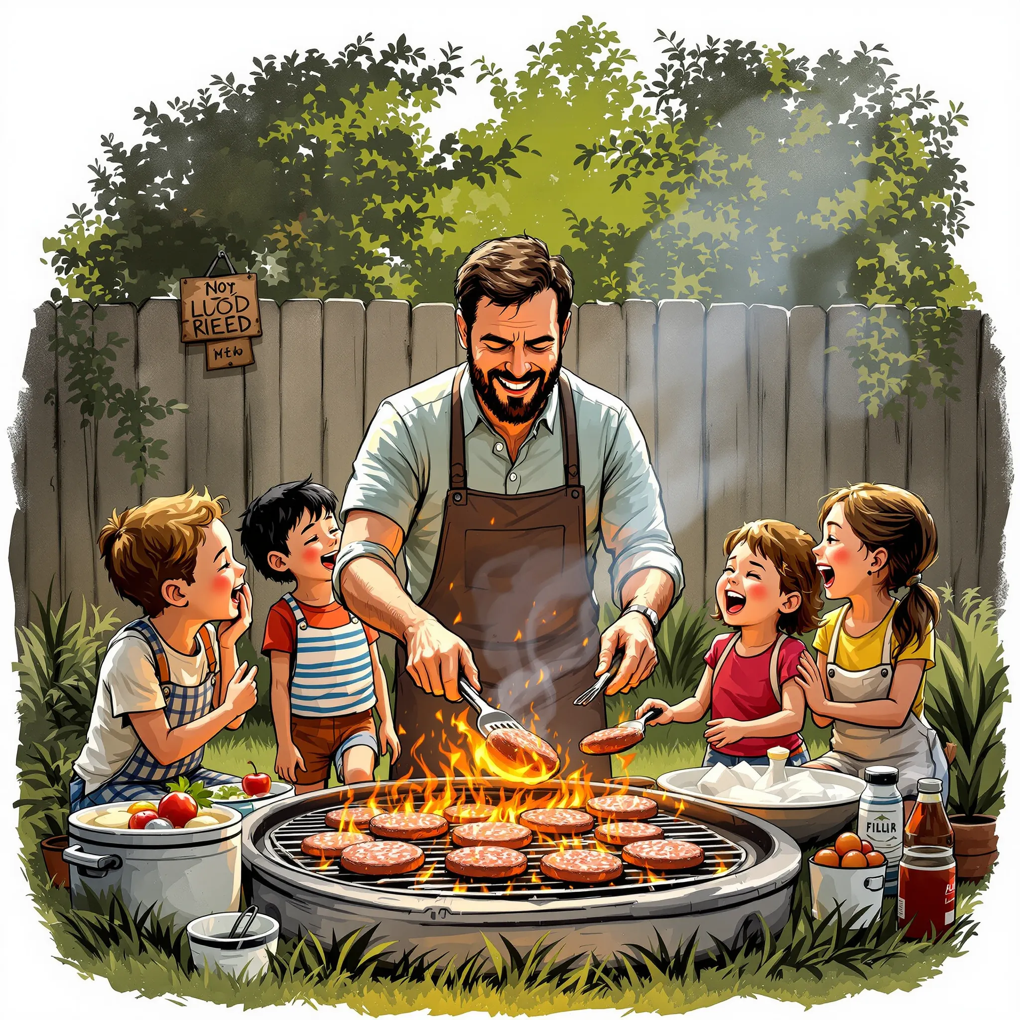 A cartoon-style image of a person who appears to be a father grilling food outdoors with several children watching.