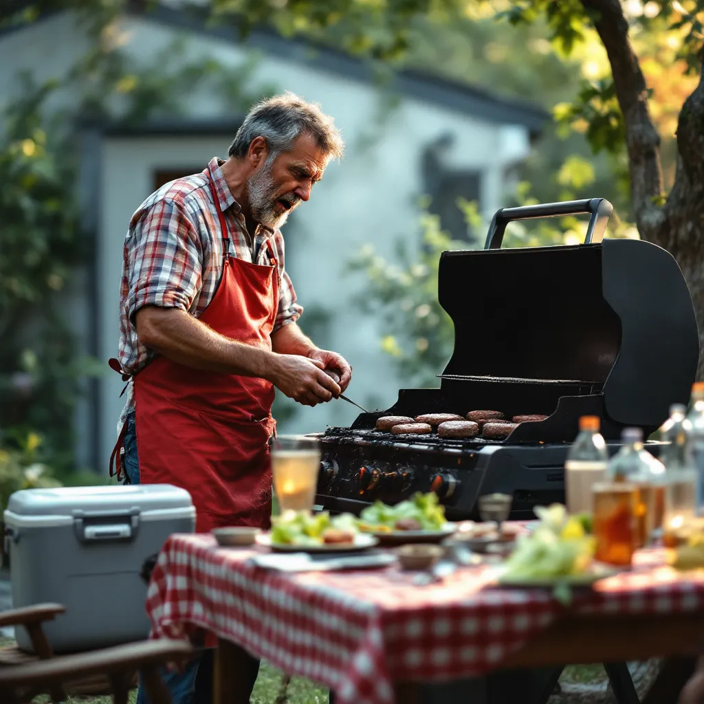 A person who appears to be a father is grilling food outdoors next to a table set for a meal.