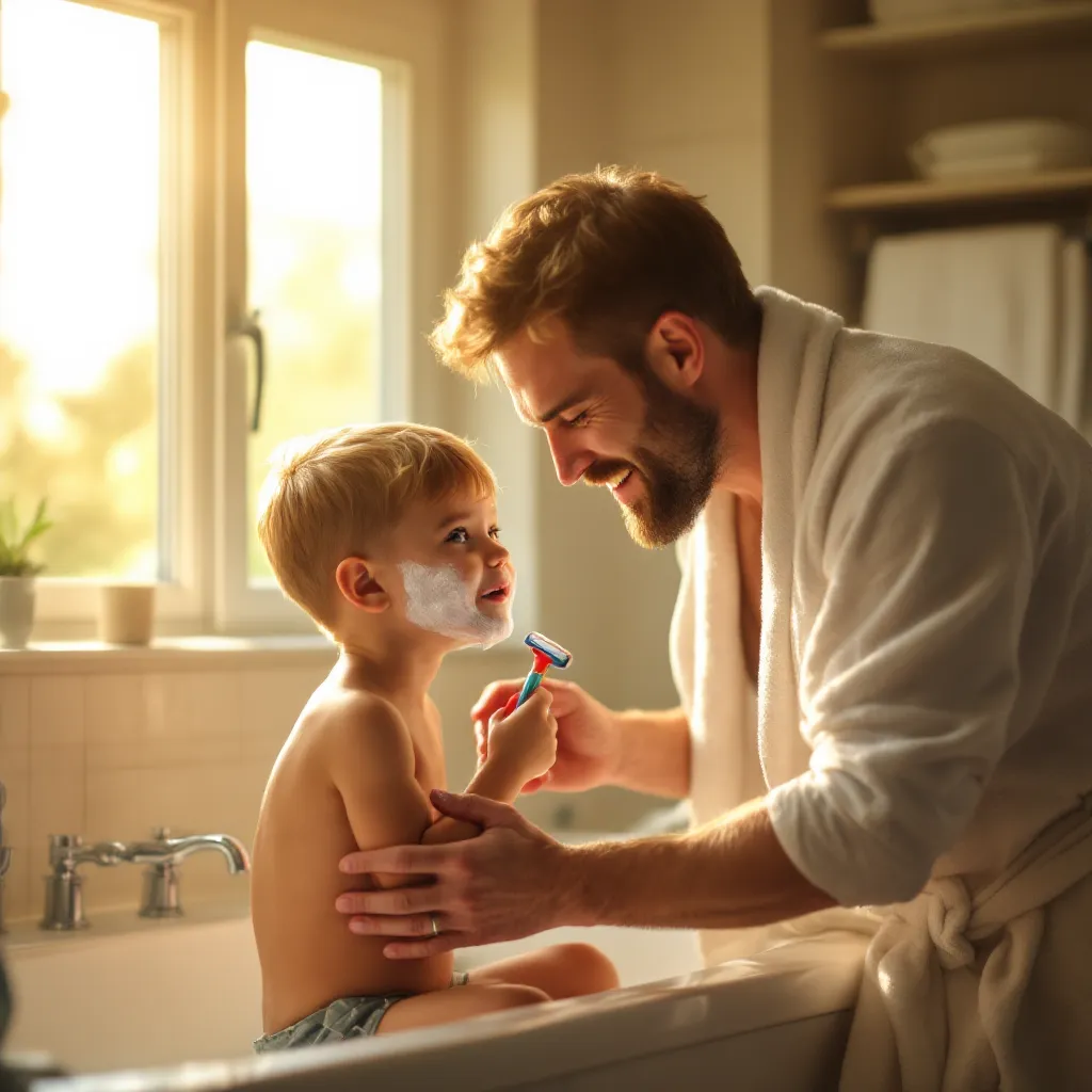 A person who appears to be a father is helping a child with a bath.