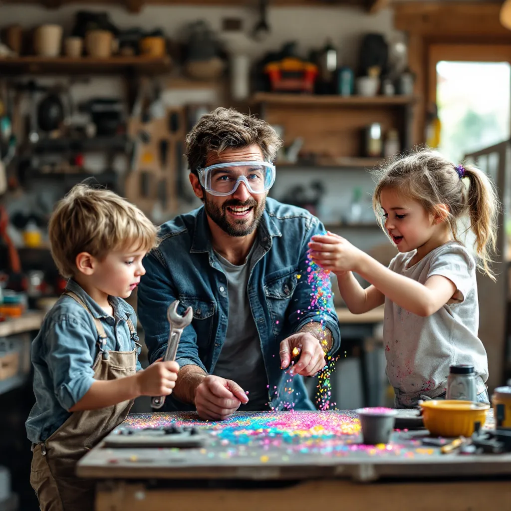 A person who appears to be a father is doing a science experiment with children.