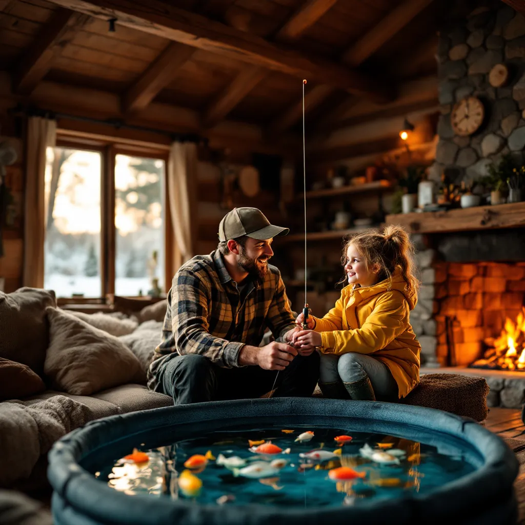 A person who appears to be a father is sitting with children by a fireplace.