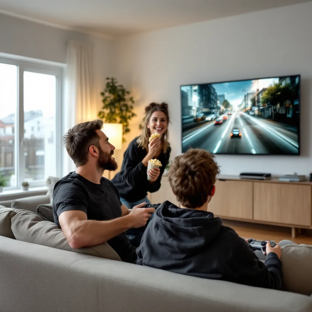 A family is watching television in a living room.