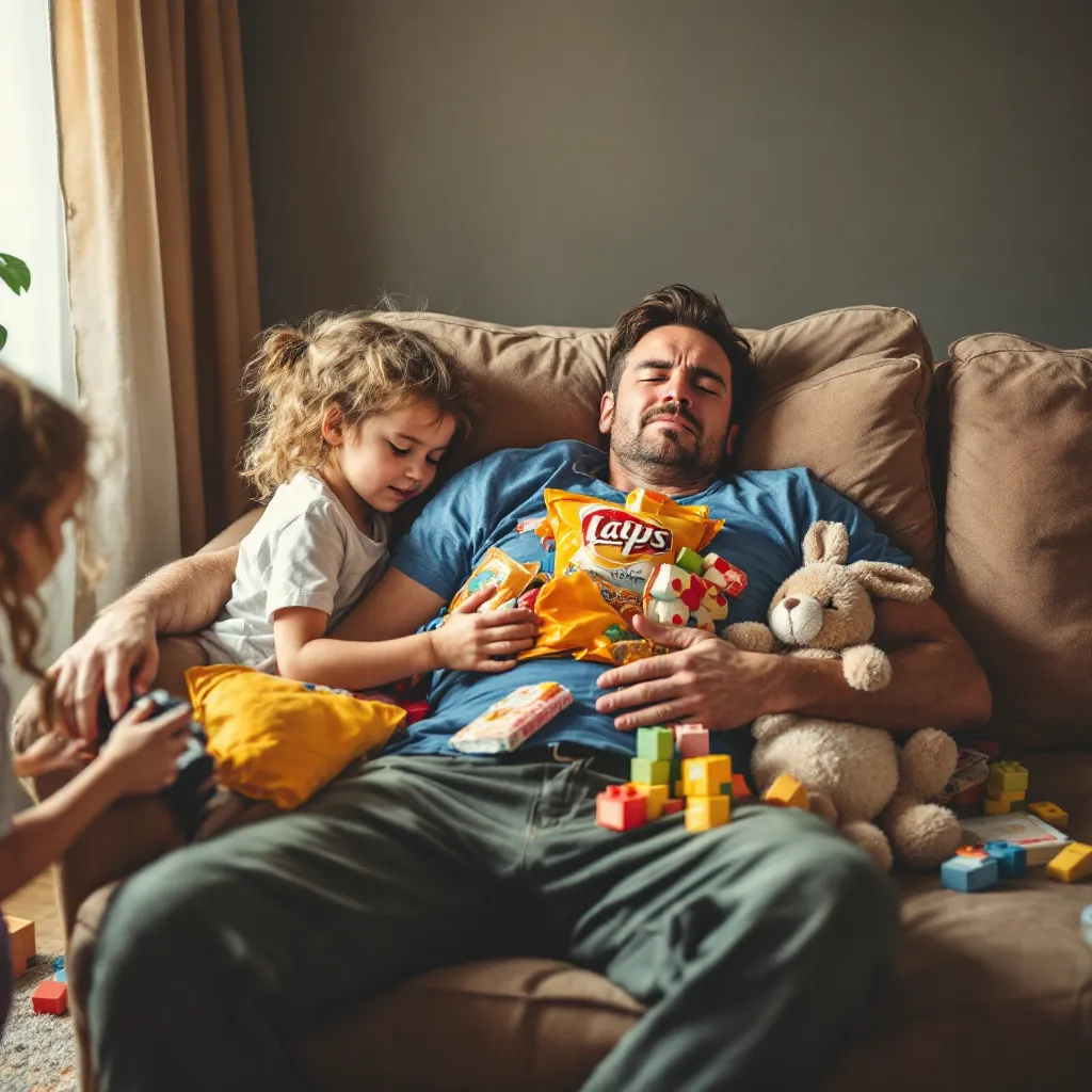 A person who appears to be a father is relaxing on a couch with children.