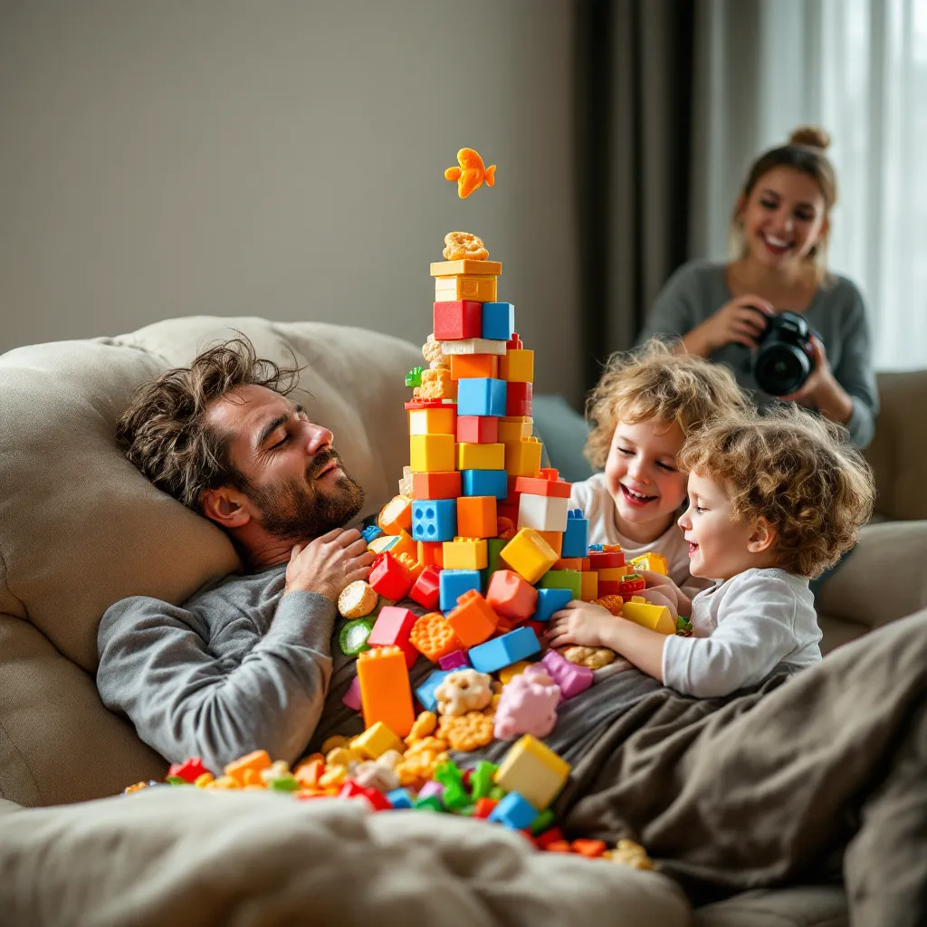 A family is building a tall tower with colorful toys.