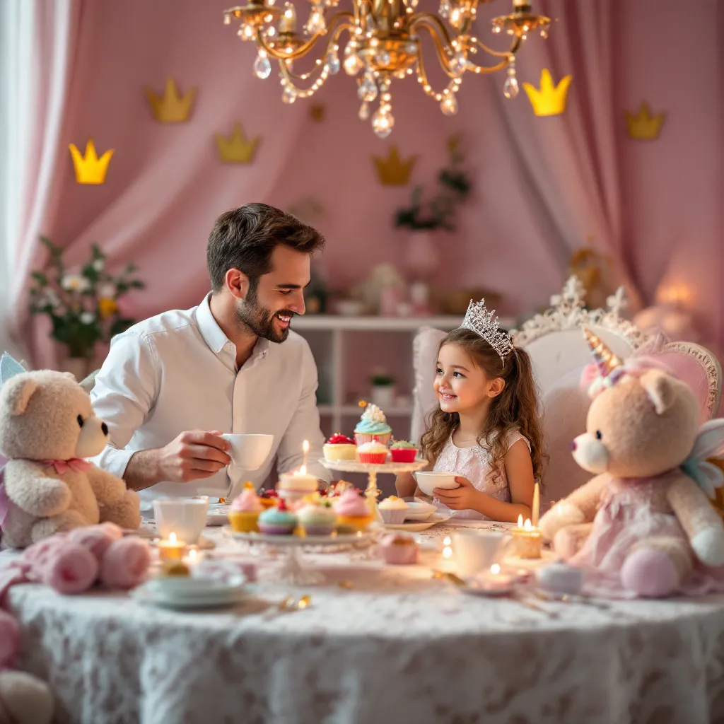 A person who appears to be a father is having a tea party with a child in a decorated room.