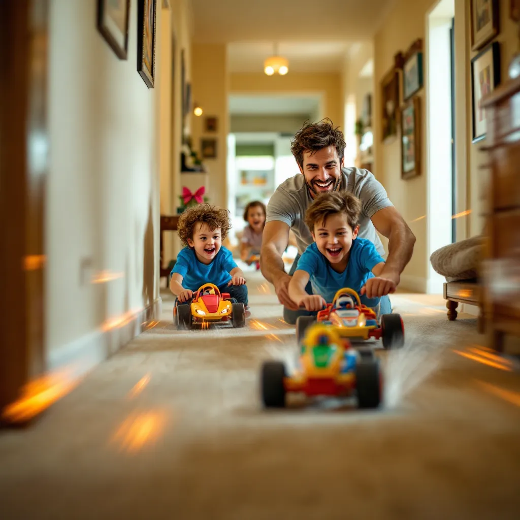 A person who appears to be a father is watching two children riding a toy car in a hallway.