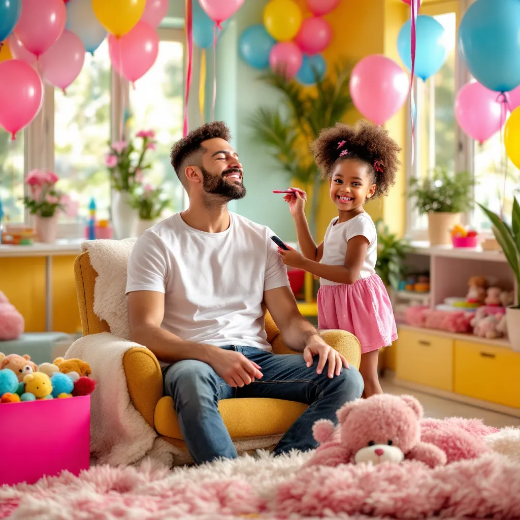 A person who appears to be a father is celebrating with a child indoors, surrounded by balloons.