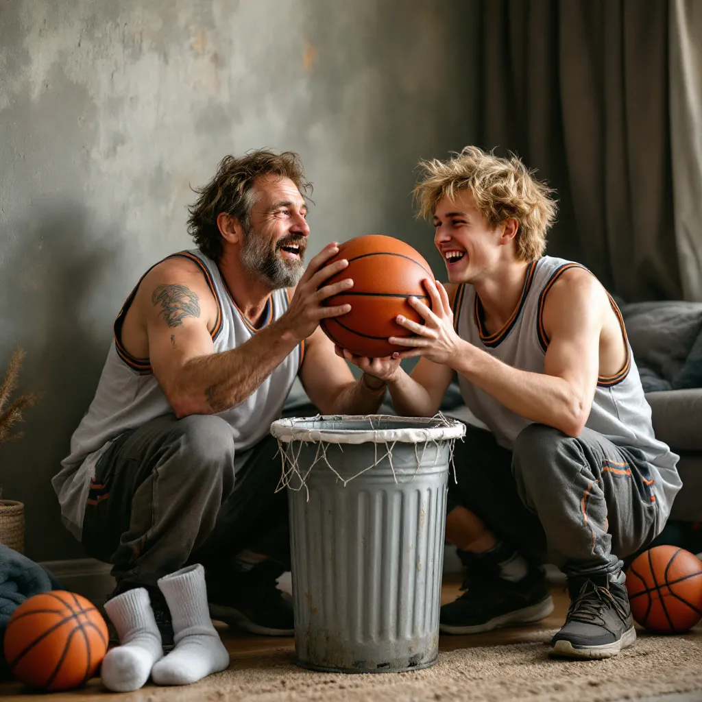 Two people, who appear to be fathers, are sitting near a trash can, holding a basketball.