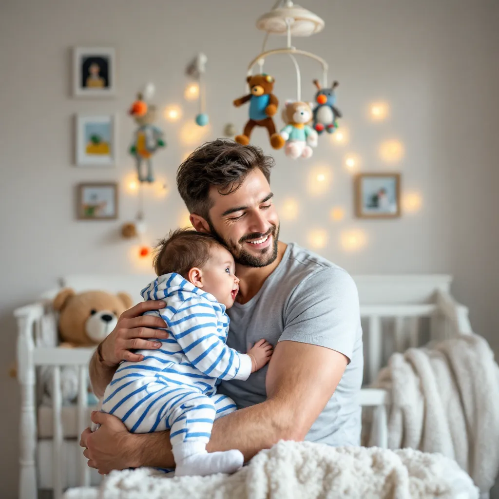 A person who appears to be a father is holding a baby indoors.