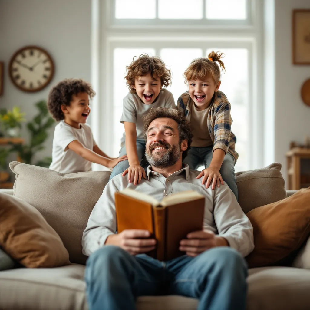 A person who appears to be a father is reading a book to children while sitting on a couch.