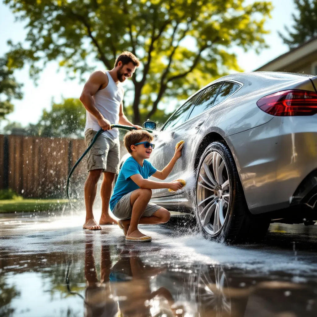 A person who appears to be a father and a child are washing a car outdoors.