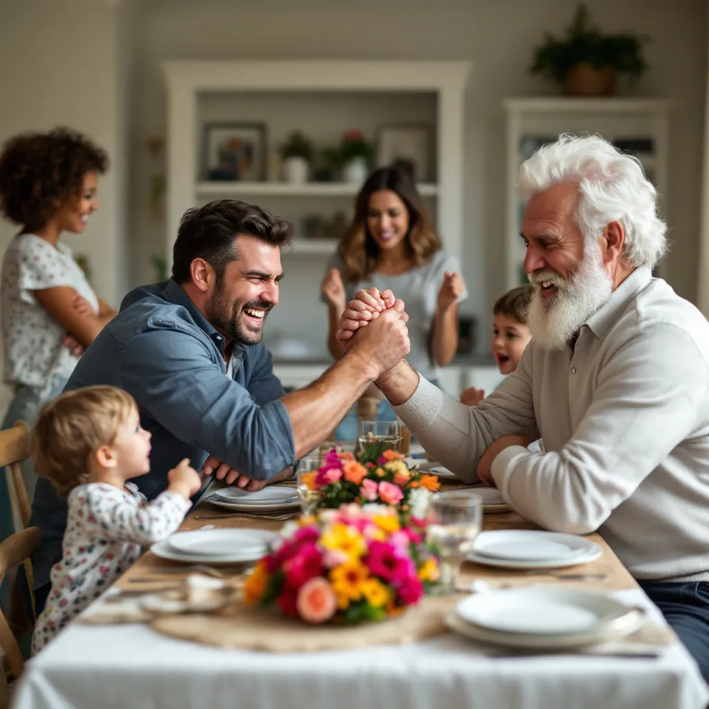 A multi-generational family is gathered around a dining table, seemingly celebrating.