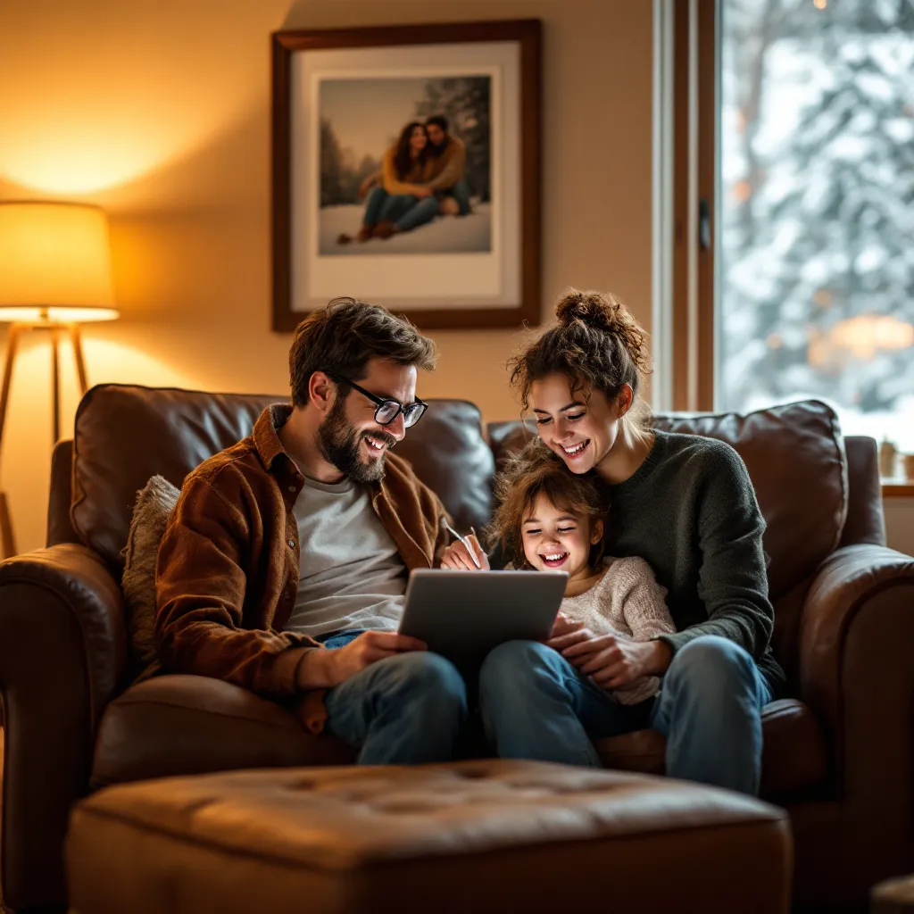 Two adults, one of whom appears to be a father, are sitting on a couch looking at a tablet with children.