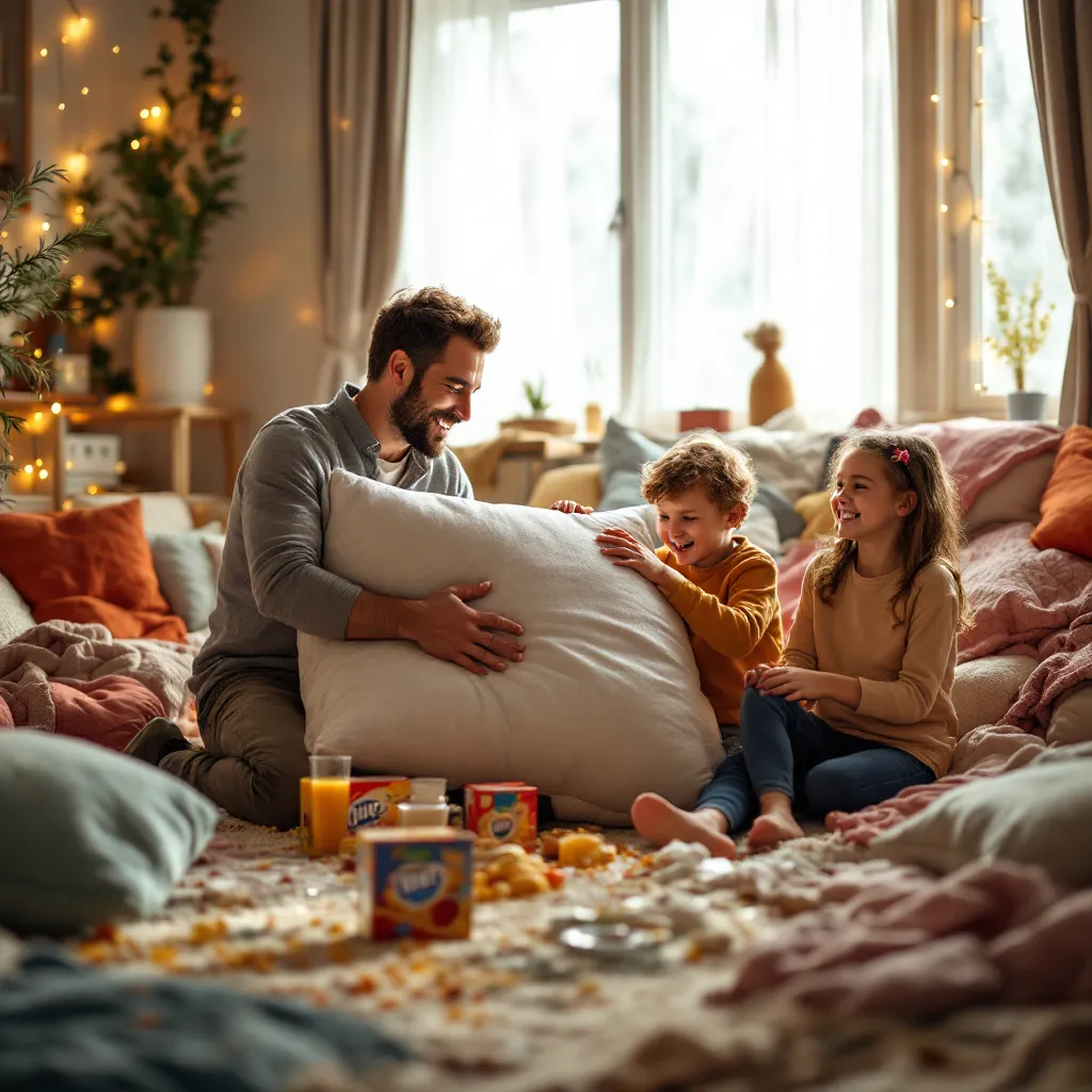 A person who appears to be a father is having a pillow fight with children in a cozy living room.