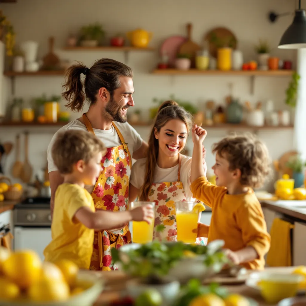 A family is gathered around a table indoors, appearing to enjoy a meal together.