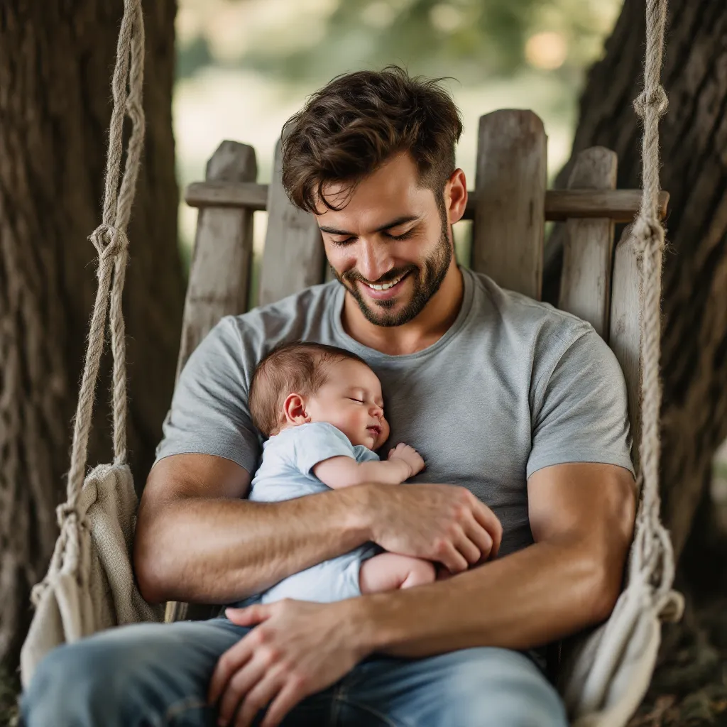 A person who appears to be a father is cradling a baby while sitting in a rocking chair outdoors.