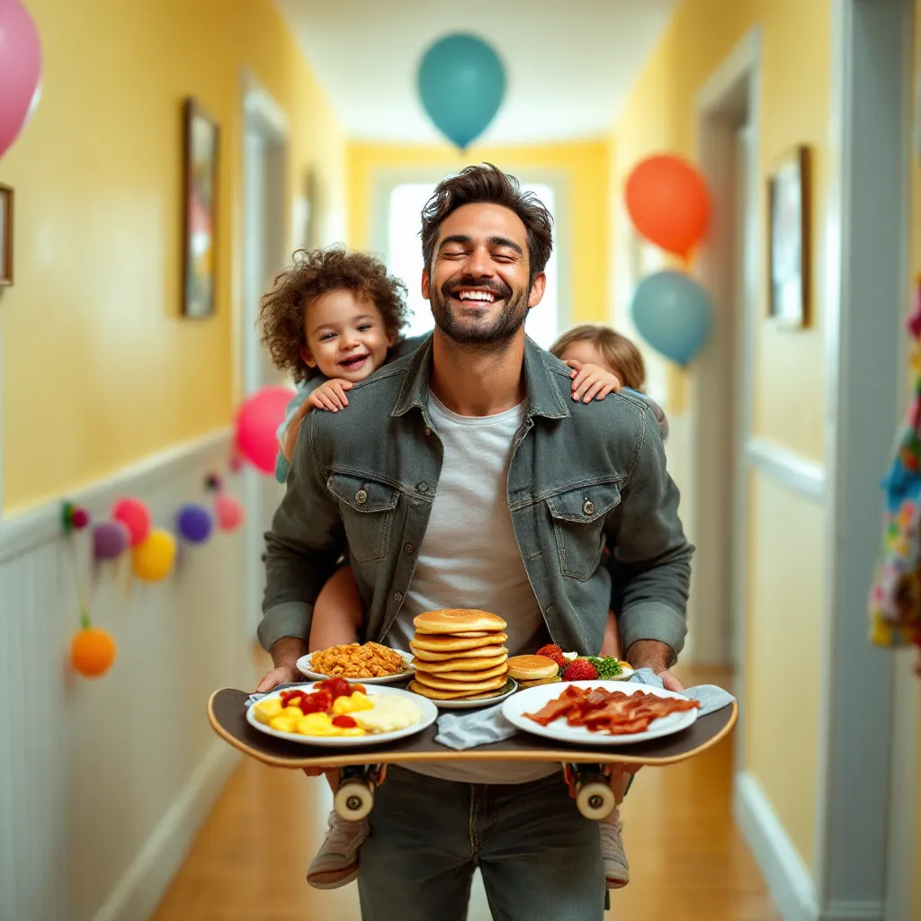 A person who appears to be a father is carrying a tray of food, smiling, with children around them in a decorated hallway.