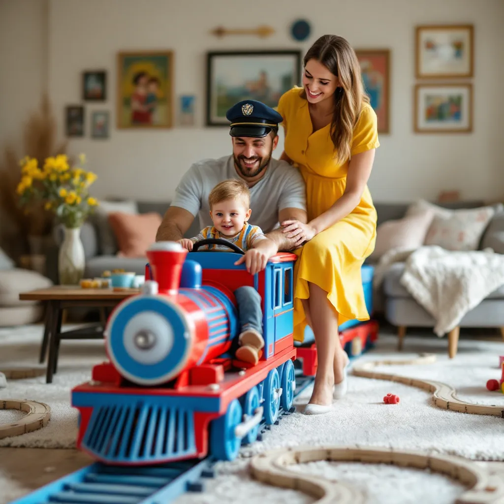 A family is playing with a toy train indoors.