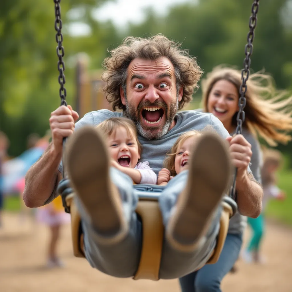 A person who appears to be a father is pushing a child on a swing outdoors.