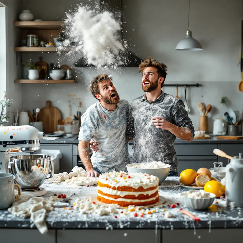 A person who appears to be a father and children are baking in a kitchen, with flour scattered around.