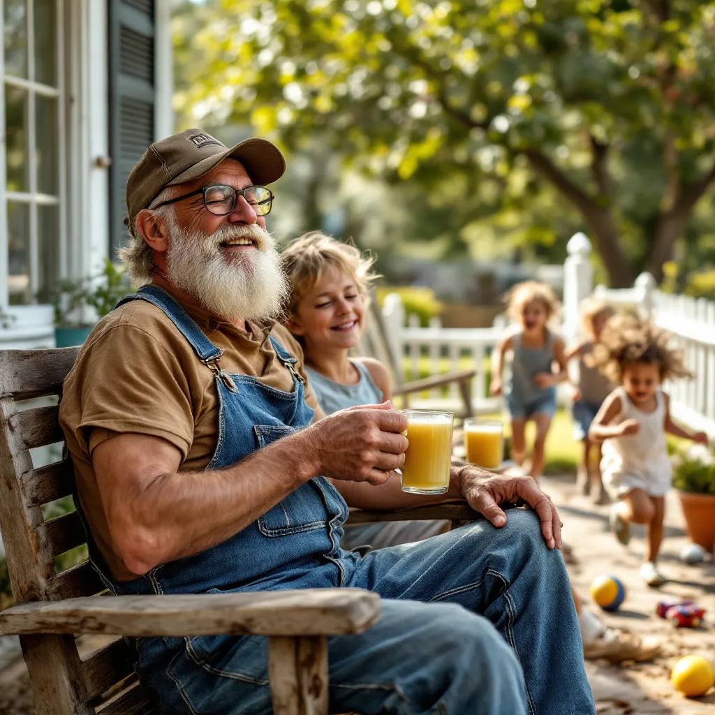 A person who appears to be an older father is sitting outdoors with a cup, possibly with family nearby.