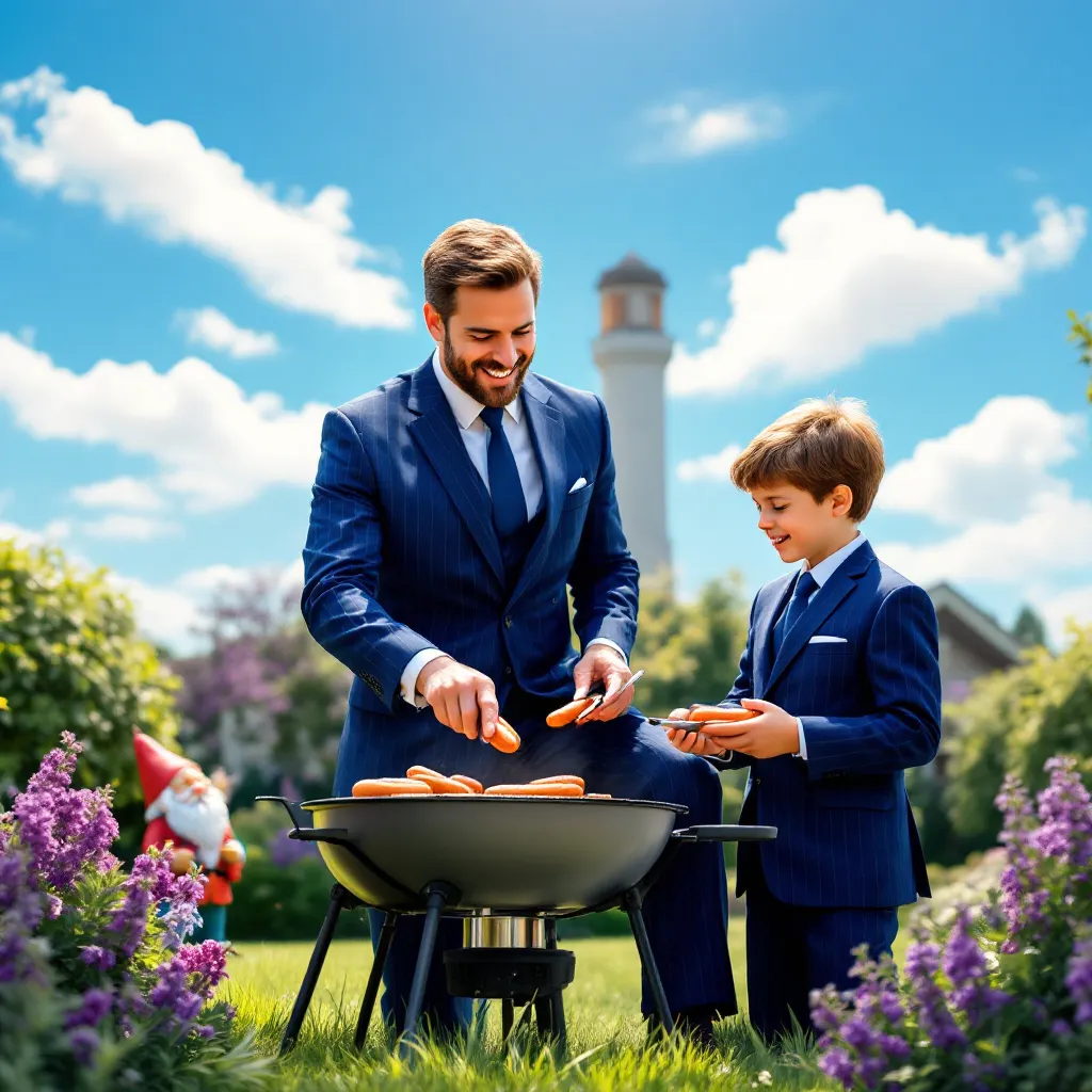 A person who appears to be a father is grilling food outdoors, with children nearby.