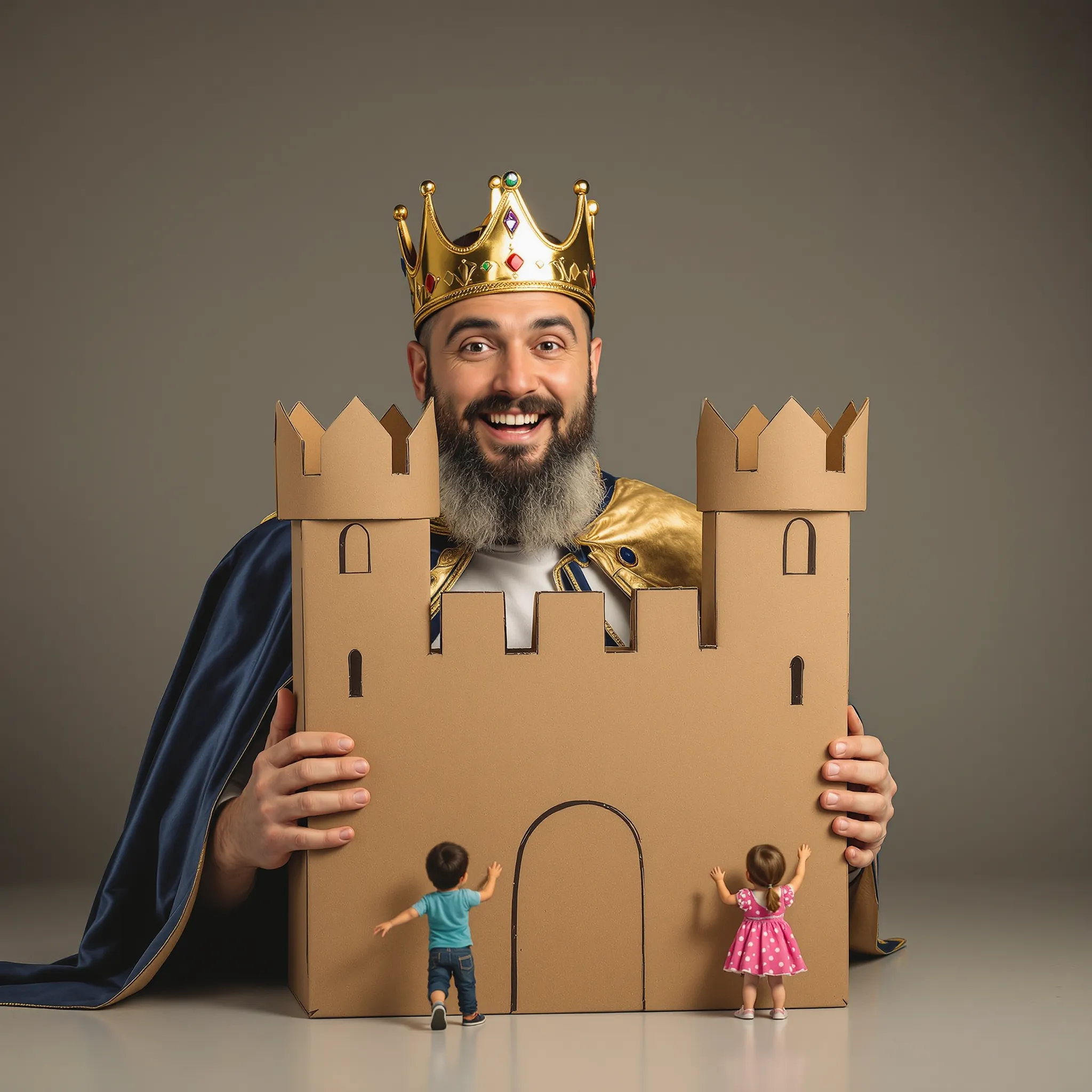 A person who appears to be a father wearing a crown is holding a cardboard castle.
