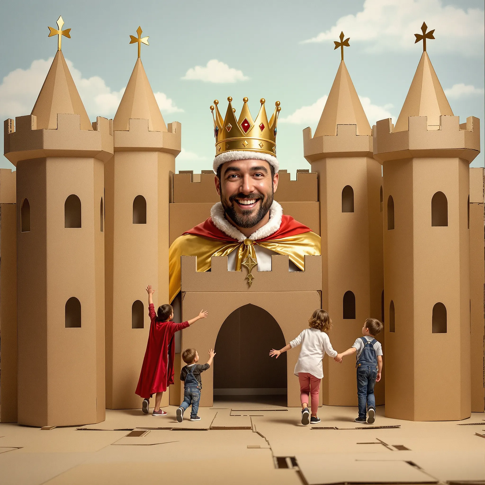 A person who appears to be a father wearing a crown is superimposed over an image of a castle with children.