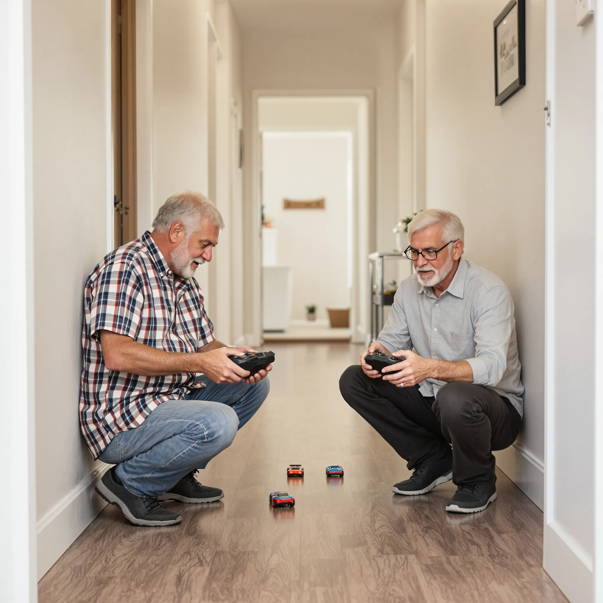 Two people, who appear to be fathers, are playing a game together indoors.