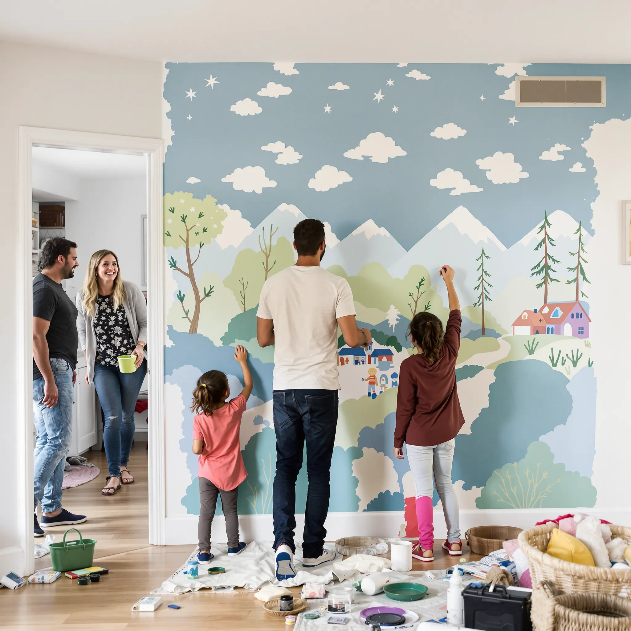A group of people, appearing to be a family, are playing together indoors.